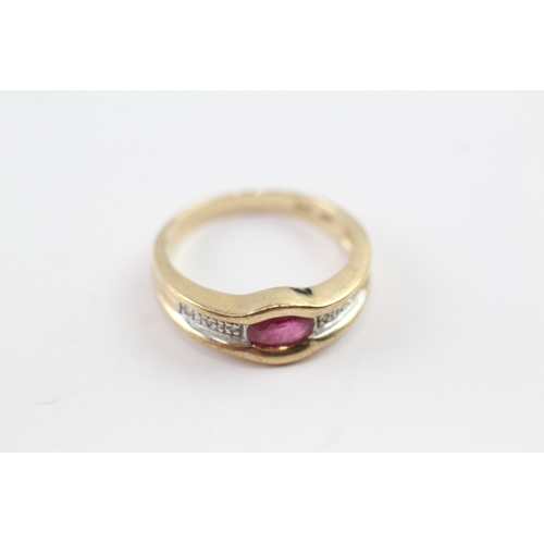 126 - 9ct gold diamond and ruby flat setting ring (2.8g) Size N