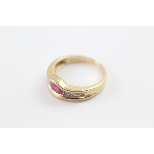 126 - 9ct gold diamond and ruby flat setting ring (2.8g) Size N