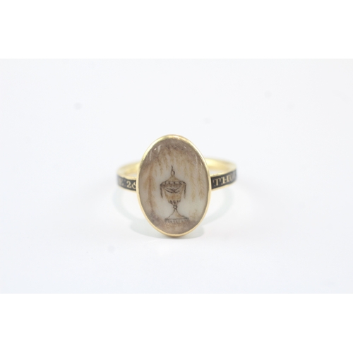 131 - 9ct Gold Mourning Ring, 1782, with hand painted urn pattern, clear crystal front and black enamel sh... 