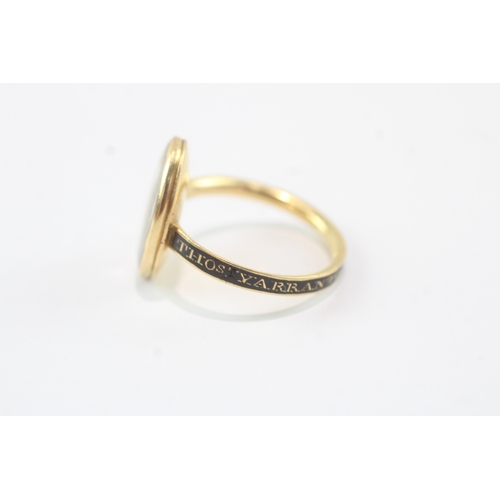 131 - 9ct Gold Mourning Ring, 1782, with hand painted urn pattern, clear crystal front and black enamel sh... 