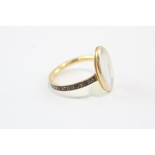 131 - 9ct Gold Mourning Ring, 1782, with hand painted urn pattern, clear crystal front and black enamel sh... 