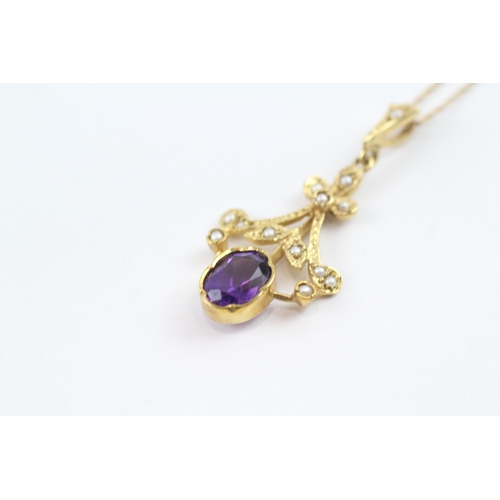 136 - 9ct gold vintage amethyst & seed pearl necklace (2.9g)