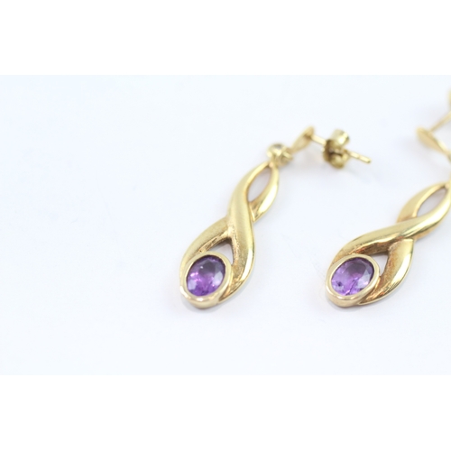 145 - 9ct gold amethyst drop earrings (2.6g)