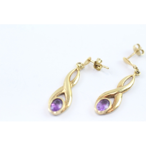 145 - 9ct gold amethyst drop earrings (2.6g)