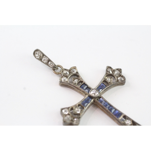 153 - 9ct gold and silver diamond and sapphire cross pendant (3.6g)