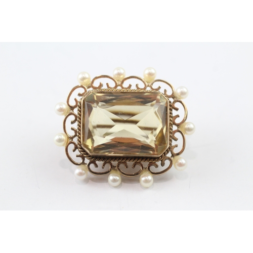 177 - 9ct gold citrine and pearl cushion cut brooch (8.2g)