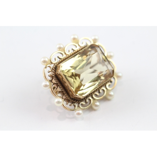 177 - 9ct gold citrine and pearl cushion cut brooch (8.2g)