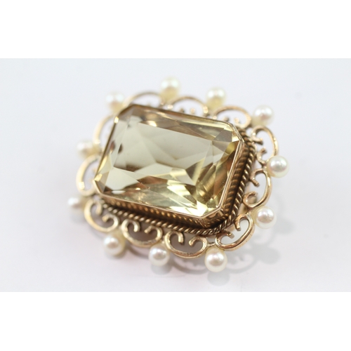 177 - 9ct gold citrine and pearl cushion cut brooch (8.2g)