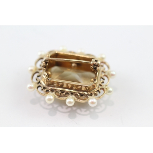 177 - 9ct gold citrine and pearl cushion cut brooch (8.2g)