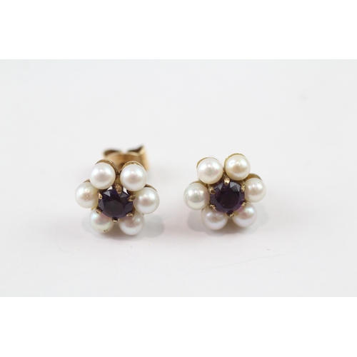 182 - 9ct gold amethyst and pearl posy earrings (2.4g)