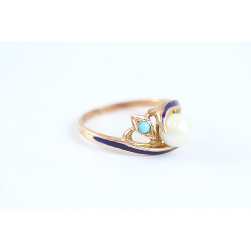 21 - 14ct gold glass, pearl and enamel ring (2.7g) Size N