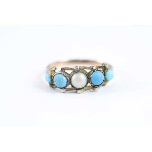 24 - 9ct gold antique pearl and blue glass five stone ring (1.8g) as seen  Size T