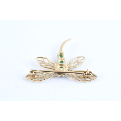 34 - 9ct gold emerald & diamond dragonfly brooch (1.3g)