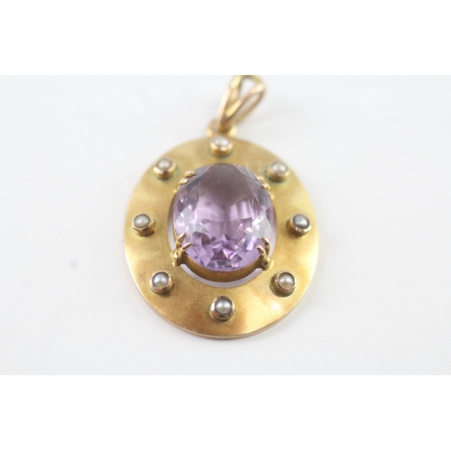 45 - 9ct gold arts & crafts amethyst & seed pearl pendant (3.8g)