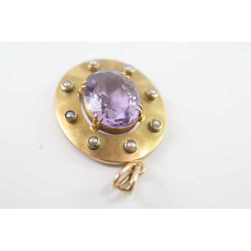 45 - 9ct gold arts & crafts amethyst & seed pearl pendant (3.8g)