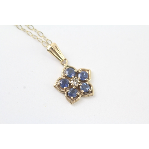 55 - 9ct gold diamond and sapphire set floral cluster pendant necklace (1.6g)