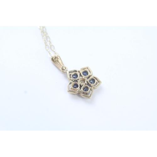 55 - 9ct gold diamond and sapphire set floral cluster pendant necklace (1.6g)