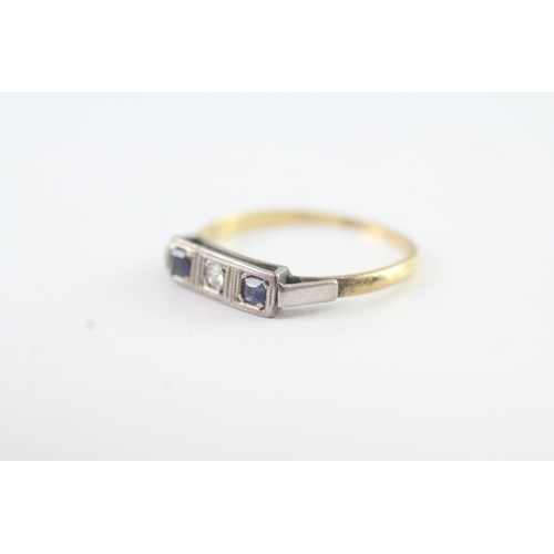 62 - 18ct gold + platinum sapphire & diamond trilogy dress ring (1.7g) Size P 1/2