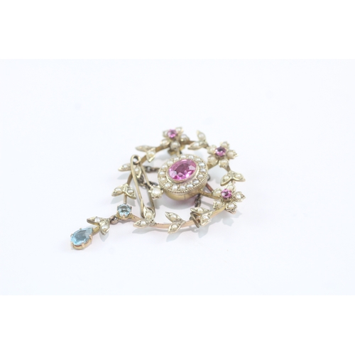 63 - 9ct gold antique pink sapphire, zircon & seed pearl brooch (7.4g)