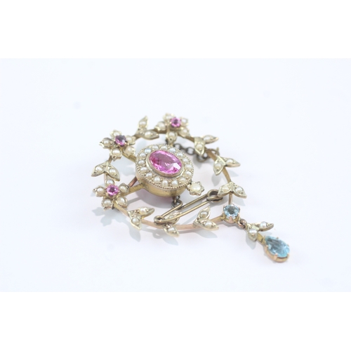 63 - 9ct gold antique pink sapphire, zircon & seed pearl brooch (7.4g)