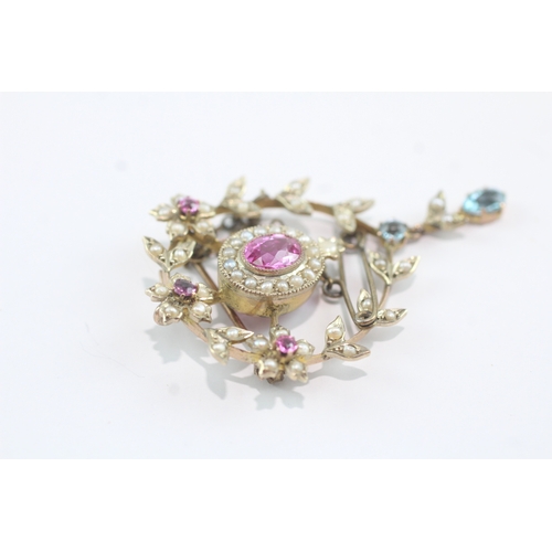 63 - 9ct gold antique pink sapphire, zircon & seed pearl brooch (7.4g)