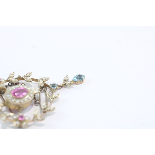 63 - 9ct gold antique pink sapphire, zircon & seed pearl brooch (7.4g)