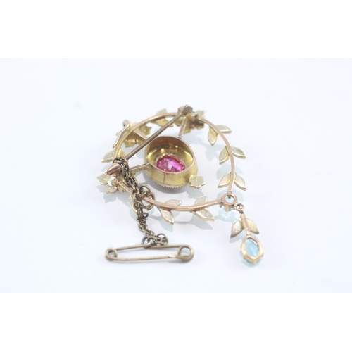 63 - 9ct gold antique pink sapphire, zircon & seed pearl brooch (7.4g)