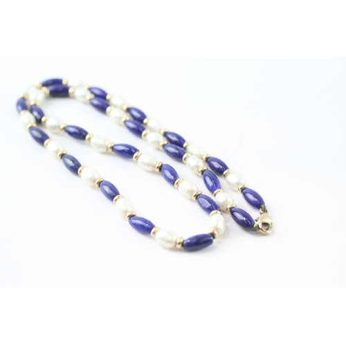 68 - 9ct gold clasped lapis & pearl necklace (11.3g)