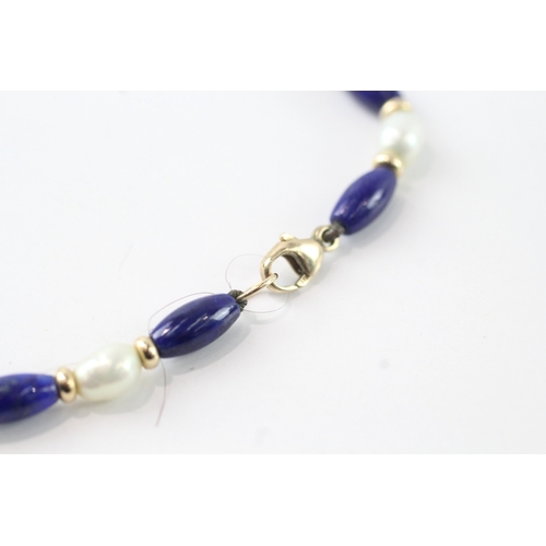 68 - 9ct gold clasped lapis & pearl necklace (11.3g)