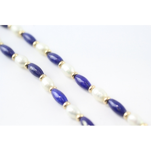 68 - 9ct gold clasped lapis & pearl necklace (11.3g)