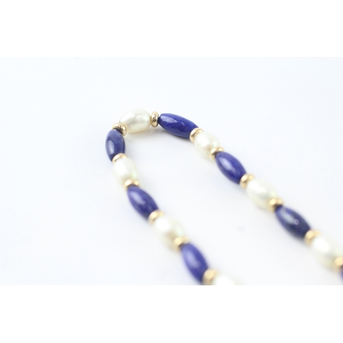 68 - 9ct gold clasped lapis & pearl necklace (11.3g)