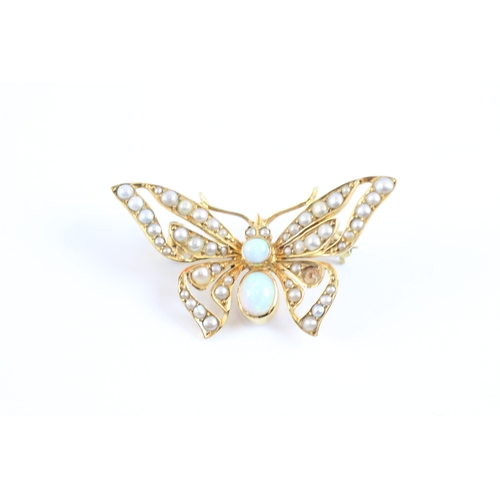 72 - 15ct gold antique opal and seed pearl butterfly brooch (4.6g)