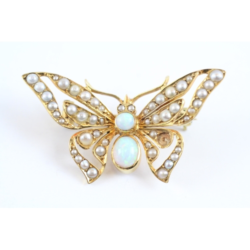 72 - 15ct gold antique opal and seed pearl butterfly brooch (4.6g)