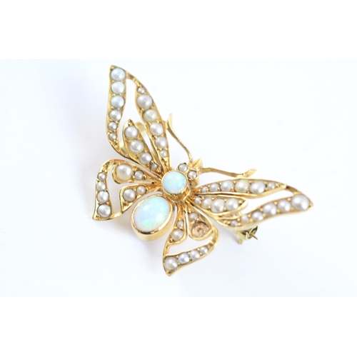 72 - 15ct gold antique opal and seed pearl butterfly brooch (4.6g)