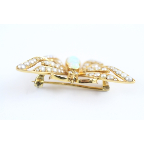 72 - 15ct gold antique opal and seed pearl butterfly brooch (4.6g)