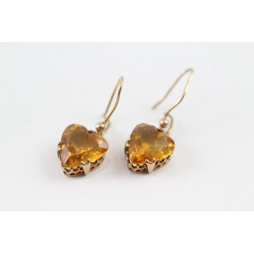 76 - 9ct gold vintage citrine heart shape drop earrings (2.7g)