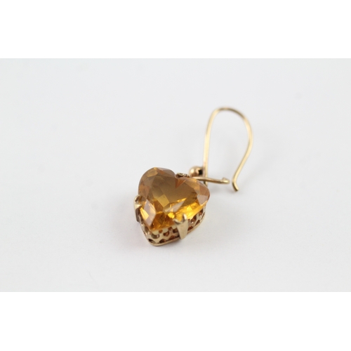 76 - 9ct gold vintage citrine heart shape drop earrings (2.7g)