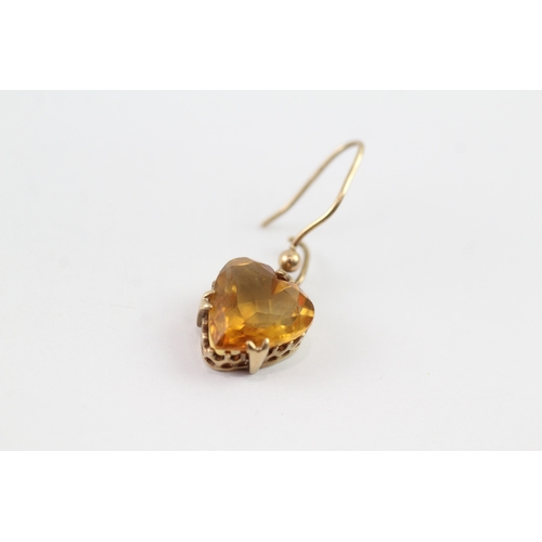 76 - 9ct gold vintage citrine heart shape drop earrings (2.7g)