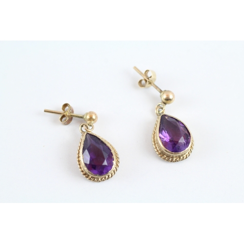 83 - 9ct gold x 2 amethyst drop earrings & single stone pendant necklace set (3.7g)