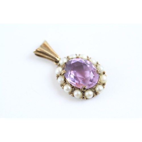 85 - 9ct gold pearl & amethyst pendant (3.2g)