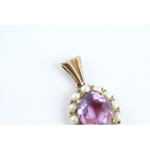 85 - 9ct gold pearl & amethyst pendant (3.2g)