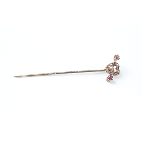 92 - 14ct gold head & 9ct gold pin diamond & ruby stick pin (1.2g)