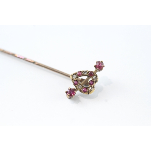 92 - 14ct gold head & 9ct gold pin diamond & ruby stick pin (1.2g)