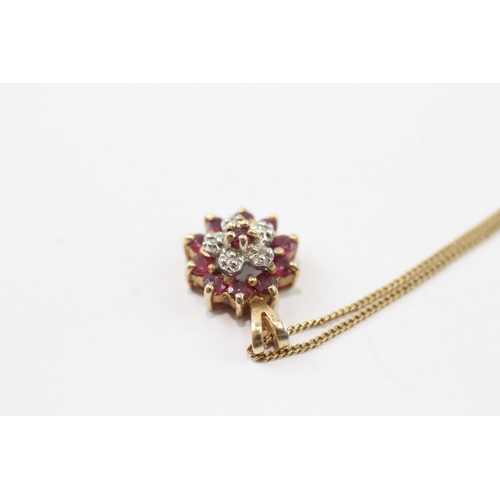 95 - 9ct gold vintage diamond and ruby set pendant necklace (2.4g)