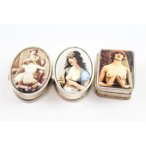 325 - 3 x Vintage .925 Sterling Silver Pill Trinket Boxes w/ Erotic Enamel Scenes 58g