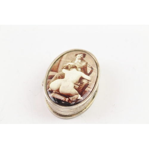 325 - 3 x Vintage .925 Sterling Silver Pill Trinket Boxes w/ Erotic Enamel Scenes 58g