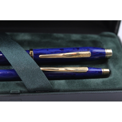 449 - Vintage Cross Century Classic Blue Lacquer Fountain Pen Set w/ 18ct Nib, Box Etc