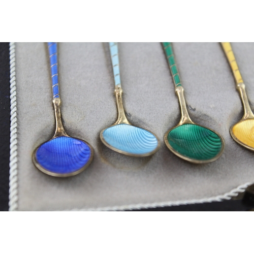 327 - 6 x Vintage Stamped .925 Sterling Silver Ela Denmark Guilloche Enamel Spoons 52g