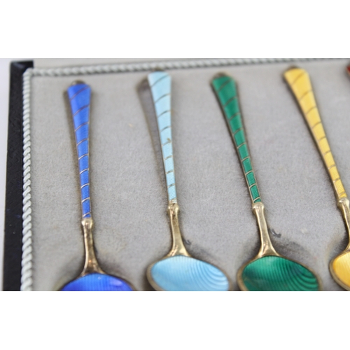 327 - 6 x Vintage Stamped .925 Sterling Silver Ela Denmark Guilloche Enamel Spoons 52g