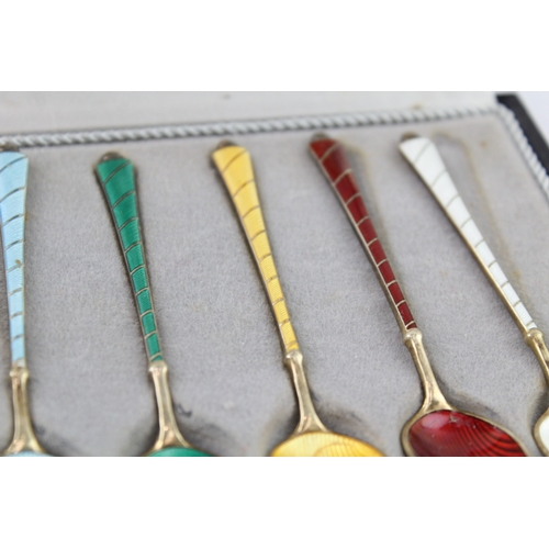 327 - 6 x Vintage Stamped .925 Sterling Silver Ela Denmark Guilloche Enamel Spoons 52g